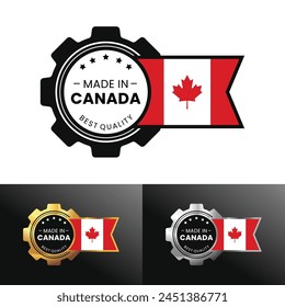 Made in Canada with gear and flag design. For banner, stamp, sticker, icon, logo, symbol, label, badge, seal, sign. Vector Illustration