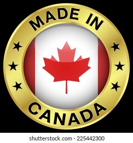 Made in Canada gold badge and icon with central glossy Canadian flag symbol and stars. Vector EPS 10 illustration isolated on black background.