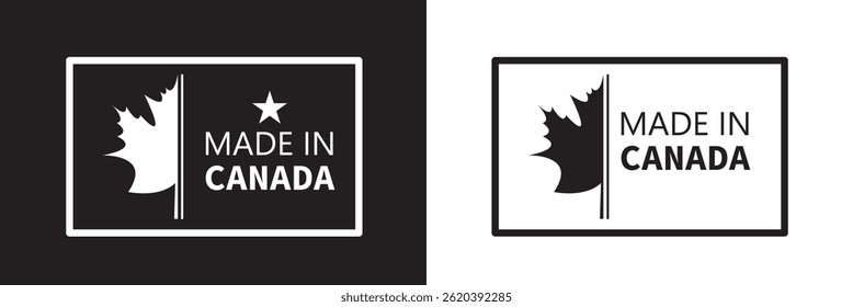 Made in Canada icon set collection. Vector emblem badge stamp sign symbol of Canadian maple leaf round circle certificate seal for web app ui use. Manufactured product black and white logo sticker