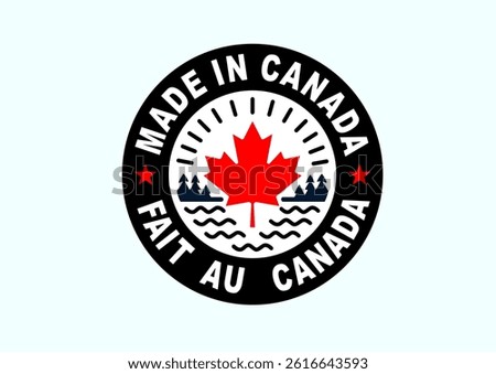 Made in Canada icon vector illustration. Sticker with stars and maple leaf, national symbol of Canada. Label, pictogram, logo, banner, Canada product emblem, flyer. Sign isolated on light background