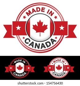 Made in Canada label and icon with ribbon and central glossy Canadian flag symbol. Vector EPS10 illustration with three different badge colors isolated on white and black background.