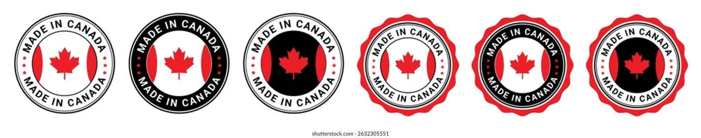 made in canada labels with red maple leaf icon in circular badge design used for product origin and national identity	
