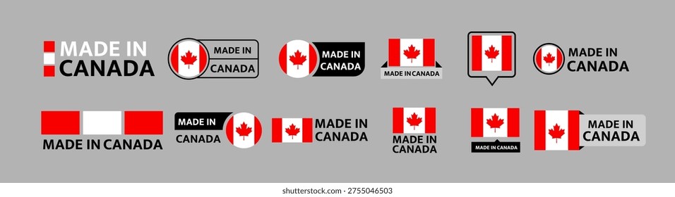 Made in Canada Labels Set - Canadian Flag Badges and Stickers Collection Vector Illustration