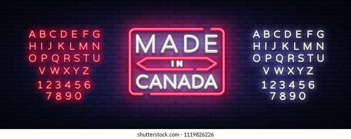 Made in Canada neon vector sign. Made in Canada symbol banner light, bright night Illustration. Vector illustration. Editing text neon sign
