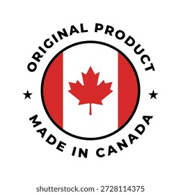 Feito no Canadá crachá circular do produto original com design de bandeira canadense. Perfeito para marca, embalagem, etiquetas de produtos, garantia de qualidade, fabricação e identificação do país de origem.