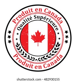 Made in Canada, Premium Quality (French Language) - grunge label containing the map and flag colors of Canada. Print colors used
