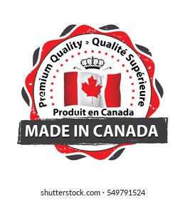 Made in Canada, Premium Quality (French Language) - grunge label containing the map and flag colors of Canada. Print colors used
