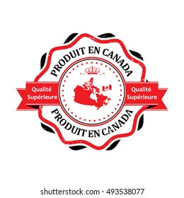 Made in Canada, Premium Quality (Text in French language: Produit en Canada, Qualite Superieure) grunge label containing the map and flag colors of Canada.