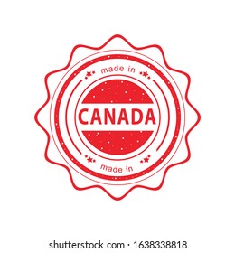 Made in Canada red vector graphic. Round rubber stamp isolated on white background. With vintage texture.