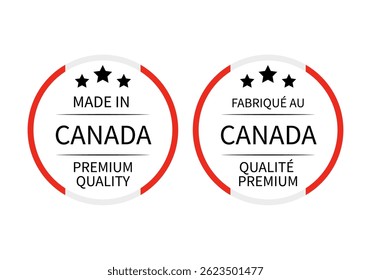 Made in Canada round labels in English and in French languages. Quality mark vector icon. Perfect for logo design, tags, badges, stickers, emblem, product package, etc