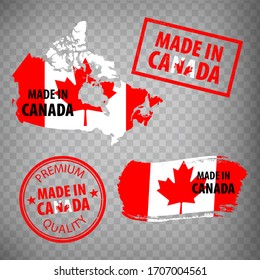 Made in Canada rubber stamps icon isolated on transparent background. Manufactured or Produced in Canada.  Map of  Canada. Set of grunge rubber stamps. EPS10.