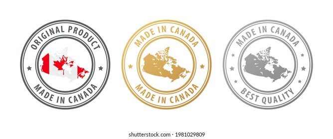 Made in Canada - set of stamps with map and flag. Best quality. Original product. Vector illustration