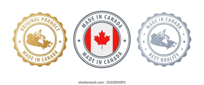 Made in Canada - Briefmarkensatz mit Karte und Flagge. Beste Qualität. Originalprodukt. Vektorgrafik