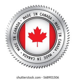 Made in Canada silver badge with the Canadian flag symbol in the center. Vector illustration isolated on white background.