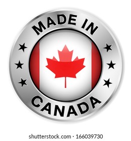 Made in Canada silver badge and icon with central glossy Canadian flag symbol and stars. Vector EPS10 illustration isolated on white background.