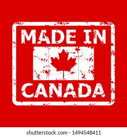 Made in canada stamp. Fabricated rubber seal texture. Vector product canadian, badge manufacture rubber stamp illustration