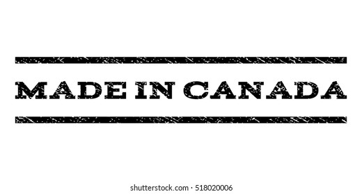 Made In Canada watermark stamp. Text caption between horizontal parallel lines with grunge design style. Rubber seal stamp with scratched texture. Vector black color ink imprint on a white background.