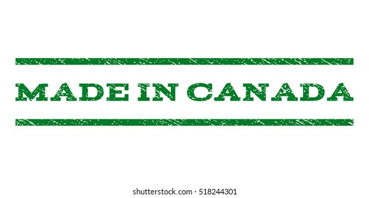 Made In Canada watermark stamp. Text caption between horizontal parallel lines with grunge design style. Rubber seal stamp with dust texture. Vector green color ink imprint on a white background.