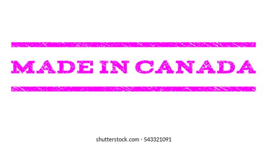 Made In Canada watermark stamp. Text caption between horizontal parallel lines with grunge design style. Rubber seal stamp with unclean texture. Vector magenta color ink imprint on a white background.