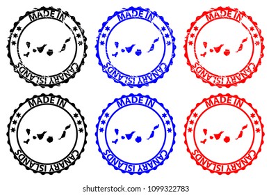 Made in Canary Islands - rubber stamp - vector, Canary Islands(Islas Canarias) map pattern - black, blue and red