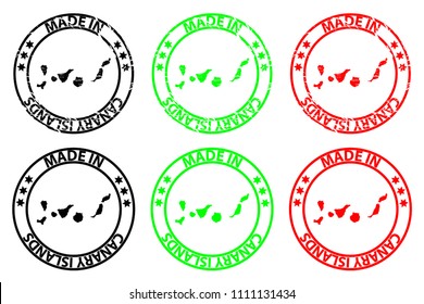 Made in Canary Islands - rubber stamp - vector, Canary Islands(Islas Canarias) map pattern - black, blue and red
