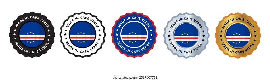 Made in cape verde set of sign stamp badge, with varian color blue red, silver, gold, black suitable for products manufactured, military, agriculture or food vector illustration eps editable text