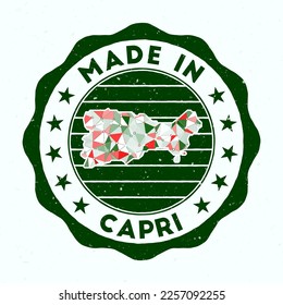 Hecho En Capri. Sello redondo de la isla. Sello de Capri con forma de borde. Banda vintage con texto circular y estrellas. Ilustración vectorial.