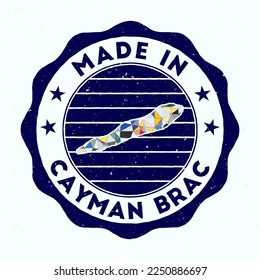 Made In Cayman Brac. island round stamp. Seal of Cayman Brac with border shape. Vintage badge with circular text and stars. Vector illustration.