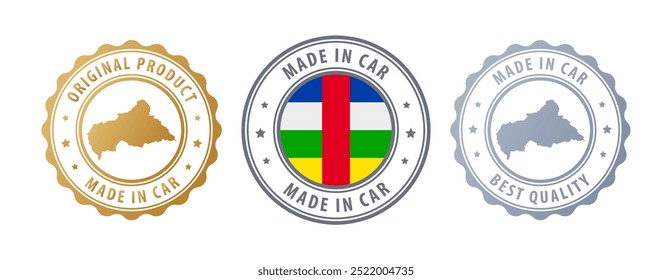 Hergestellt in Zentralafrikanische Republik - Reihe von Marken mit Karte und Flagge. Beste Qualität. Originalprodukt. Vektorgrafik