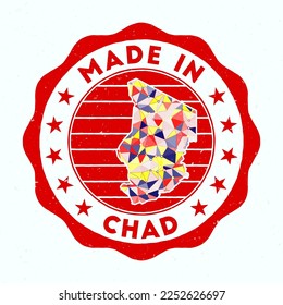 Made In Chad. country round stamp. Seal of Chad with border shape. Vintage badge with circular text and stars. Vector illustration.