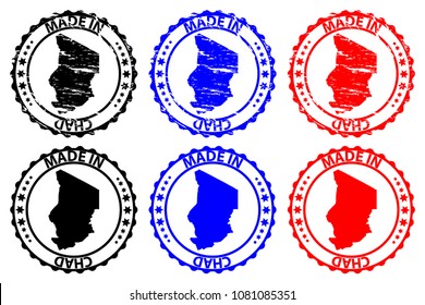 Made in Chad - rubber stamp - vector, Chad map pattern - black, blue and red