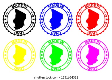 Made in Chad - rubber stamp - vector, Chad map pattern - black, blue, green, yellow, purple and red