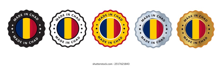 Made in chad set of sign stamp badge, with varian color yellow blue, silver, gold, black suitable for products manufactured, military, agriculture or food vector illustration eps editable text