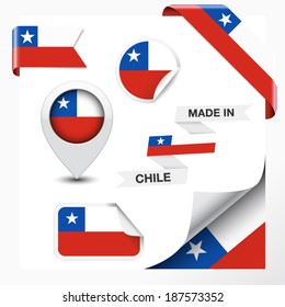 Made in Chile collection of ribbon, label, stickers, pointer, badge, icon and page curl with Chilean flag symbol on design element. Vector EPS 10 illustration isolated on white background.