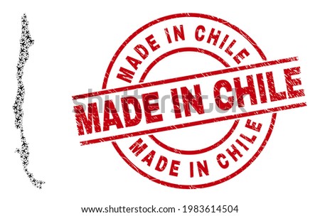 Made in Chile distress stamp, and Chile map collage of airliner items. Collage Chile map created of airplanes. Red stamp with Made in Chile text, and distress rubber texture.