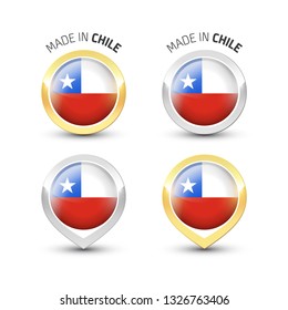 Made in Chile - Guarantee label with the Chilean flag inside round gold and silver icons.