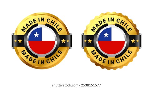 Feito no ícone do Chile um círculo de ouro com uma imagem de uma bandeira no meio. Para ícone, sinal, carimbo, emblema, logotipo, rótulo, marca, símbolo, banner etc. Moderno e minimalista. Ilustração de vetor