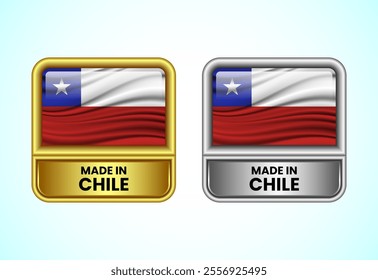 Made in Chile label icon in gold and silver color. Flag icon set for business