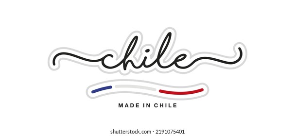 Made in Chile, new modern handwritten typography calligraphic logo sticker, abstract Chile flag ribbon banner