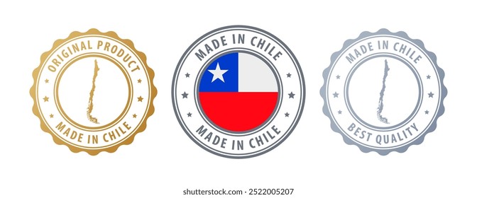 Feito no Chile - conjunto de selos com mapa e bandeira. Melhor qualidade. Produto original. Ilustração vetorial