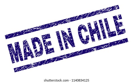 MADE IN CHILE stamp seal watermark with grunge style. Blue vector rubber print of MADE IN CHILE title with grunge texture. Text title is placed between parallel lines.