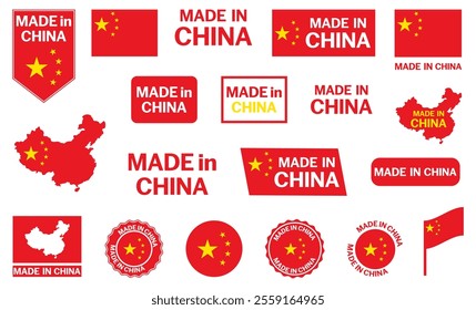 Made in China badge collection. Set of made in China label in red