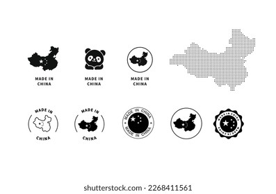 Made in China black and white Vector Icon Set. Chinese-Made Badge Symbols. China Outline Icon Pack, Made in China icon. Stamp made with country map