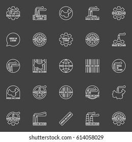 Made in China business icons. Vector outline China manufacturing symbols on dark background