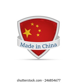made in china, Chinese flag on the shield on a white background