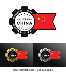 Made in China with gear and flag design. For banner, stamp, sticker, icon, logo, symbol, label, badge, seal, sign. Vector Illustration