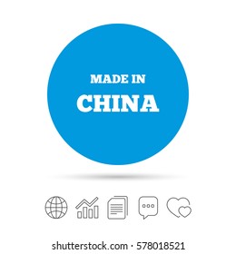 Made in China icon. Export production symbol. Product created in China sign. Copy files, chat speech bubble and chart web icons. Vector
