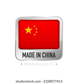 Hecho en China. Sello plano y aislado hecho en China. 100% de calidad. Concepto de garantía de calidad. Ilustración vectorial.