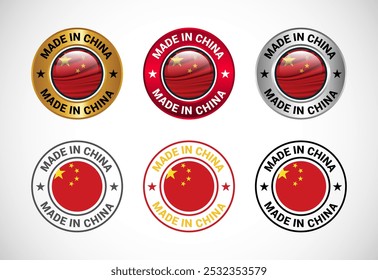 Made in China label icon with flag. Icon set for business, badge, seal, sticker, logo, and symbol