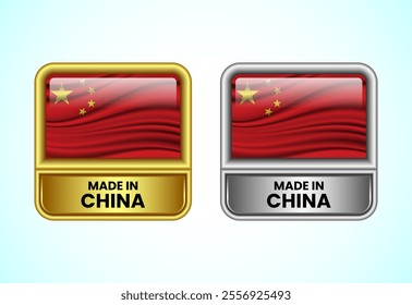 Made in China label icon in gold and silver color. Flag icon set for business